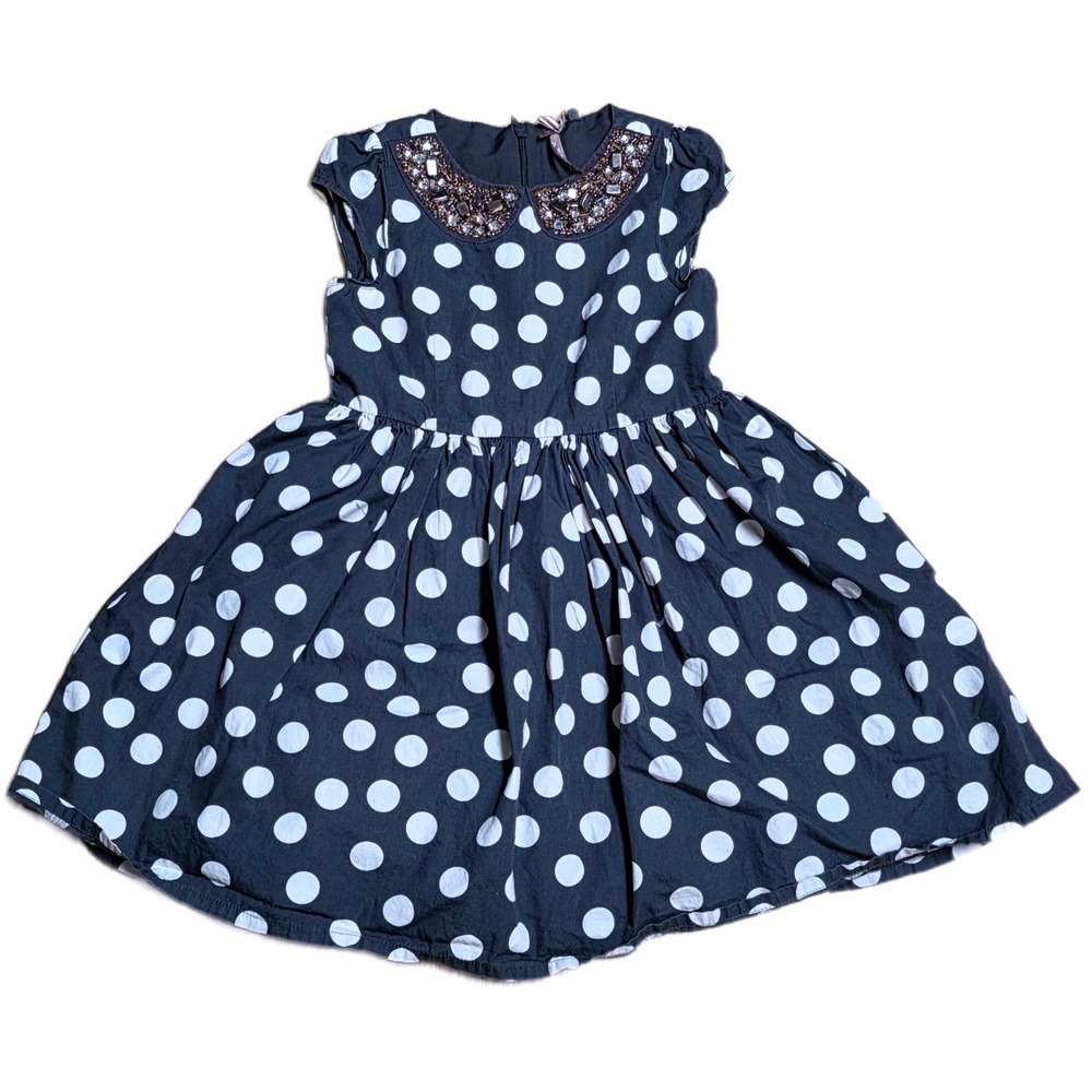 Next Polka Dot Dress Girl's Navy Blue Size 5 Years with Embellished Collar